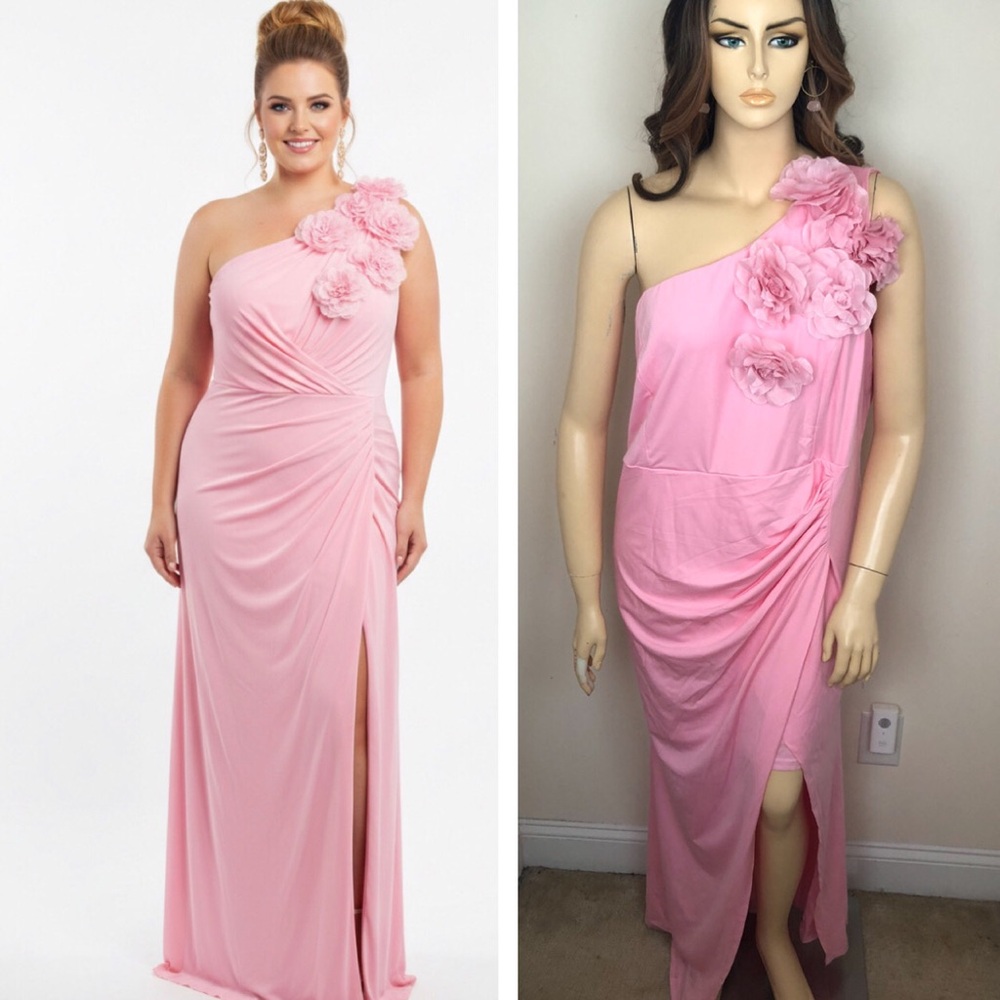 Pink One-Shoulder Dress with Floral Accents OneShoulder Wrap Plus Size Long Maxi